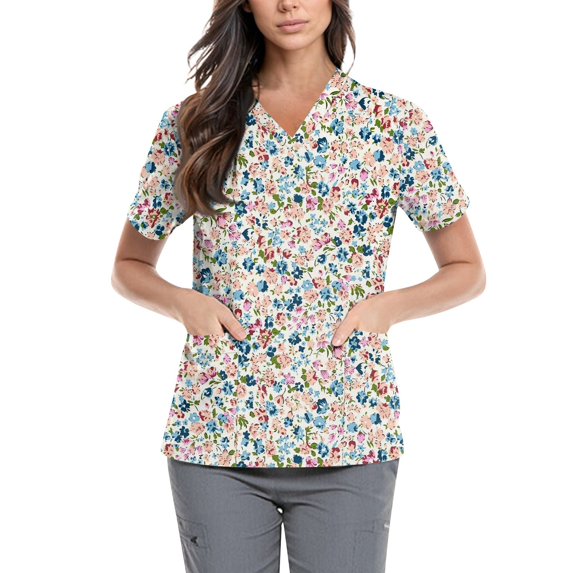Women Vintage Floral Print Scrub Tops V Neck Short Sleeve Medical Nursing Uniform With Double Side Pockets