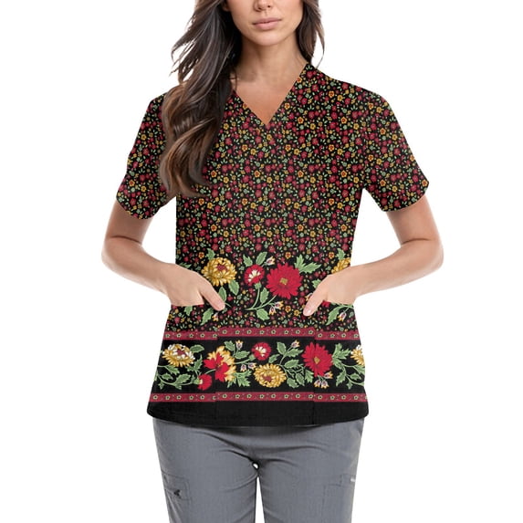 Women Vintage Floral Print Scrub Tops V Neck Short Sleeve Medical Nursing Uniform With Double Side Pockets