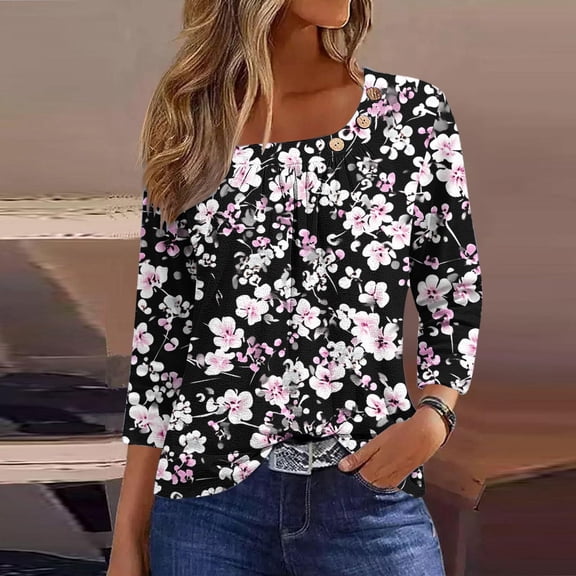 Women Vintage Floral Shirt Squareed Neck Tshirts Fashion Loose Blouses 3/4 Length Sleeve Tops