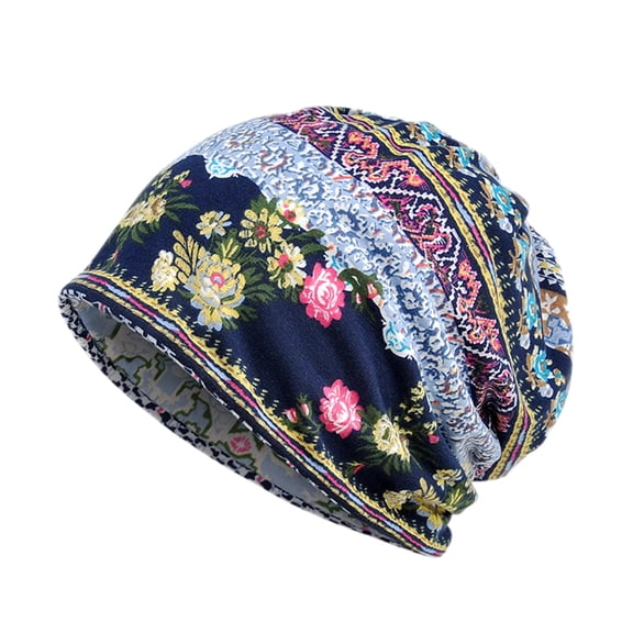 Women Vintage Flower Print Sun Block Muslim Cap Stretch Turban Hat Head Scarf