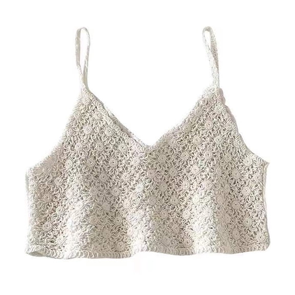 Women Vintage French Crochet Sleeveless Camisole Vintage Hollow Out Knit Floral Crop Top Sexy V-Neck Backless Beach Sling Mini Vest Streetwear