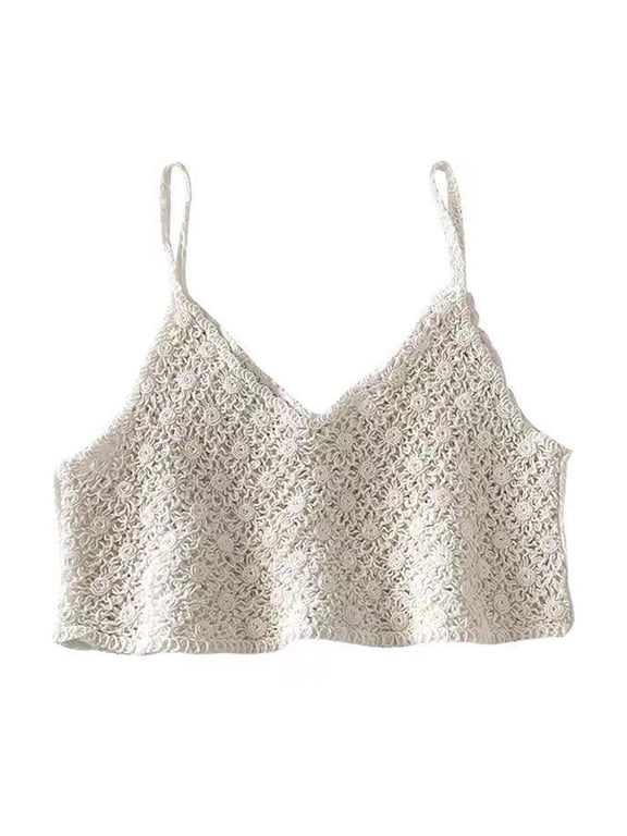 Women Vintage French Crochet Sleeveless Camisole Vintage Hollow Out Knit Floral Crop Top Sexy V-Neck Backless Beach Sling Mini Vest Streetwear