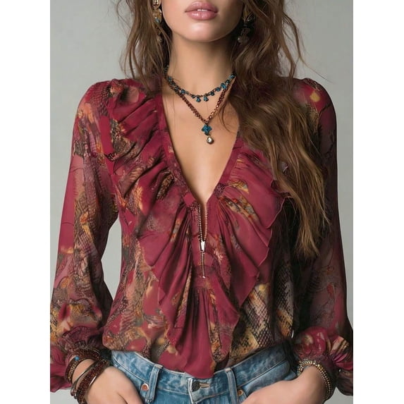 Women Vintage French‑Style Chiffon Printed Blouse, Deep‑V Neck Ruffle‑Sleeve Summer Vacation Tops