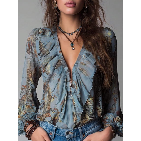 Women Vintage French‑Style Chiffon Printed Blouse, Deep‑V Neck Ruffle‑Sleeve Summer Vacation Tops