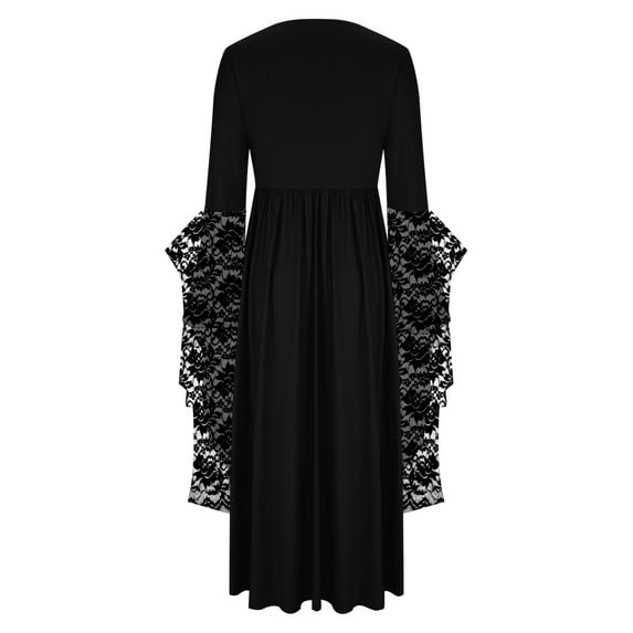 Women Vintage Gothic Maxi Dresses Witch Costume Plus Size Skull Print Lace Halloween Party Bell Sleeve Swing Dress