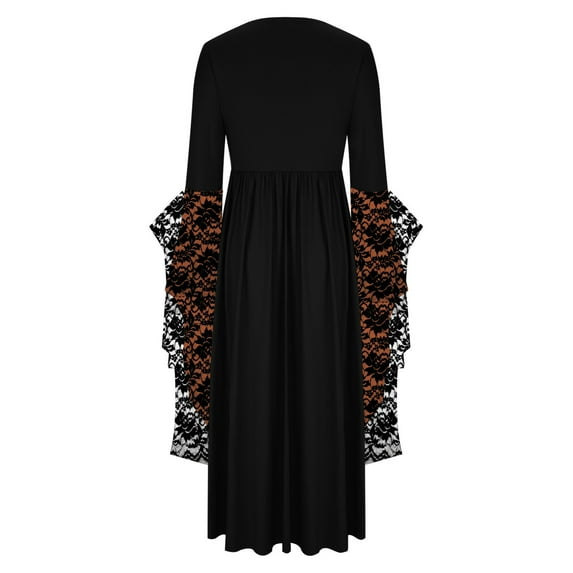 Women Vintage Gothic Maxi Dresses Witch Costume Plus Size Skull Print Lace Halloween Party Bell Sleeve Swing Dress