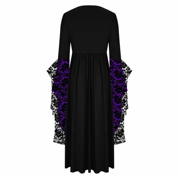 Women Vintage Gothic Maxi Dresses Witch Costume Plus Size Skull Print Lace Halloween Party Bell Sleeve Swing Dress