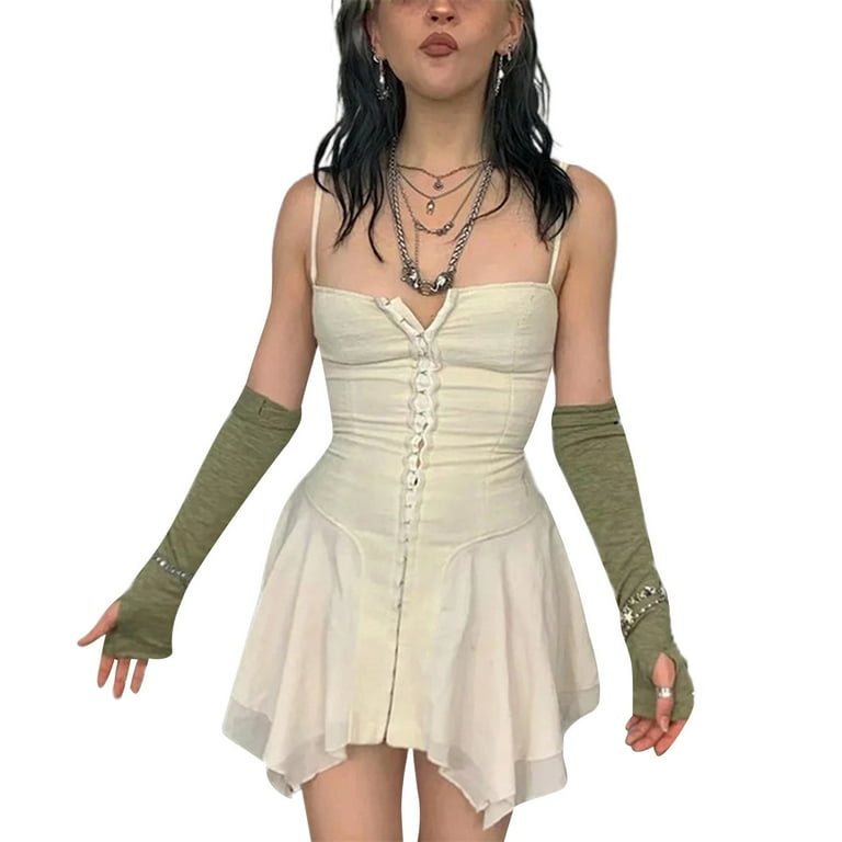 Women Vintage Gothic Mini Dress Spaghetti Strap Front Breasted