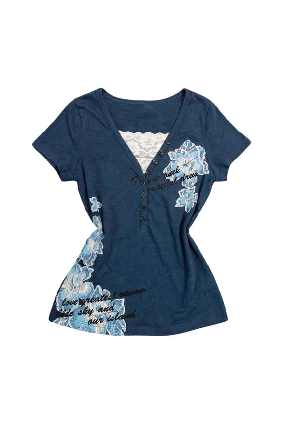 Women Vintage Graphic Tee Tops Y2k Grunge Shirts Floral Print Short Sleeve T Shirt Lace Trim Neck Casual Top Blue S