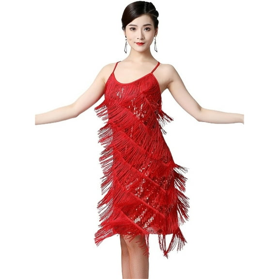 Women Vintage Great Party Sequin Dress Sexy V-Neck Summer Cami Dress Gold Fringe Dress