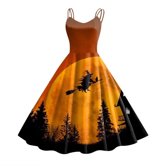Women Vintage Halloween Print Sleeveless 1950s Evening Swing Party Prom Dress