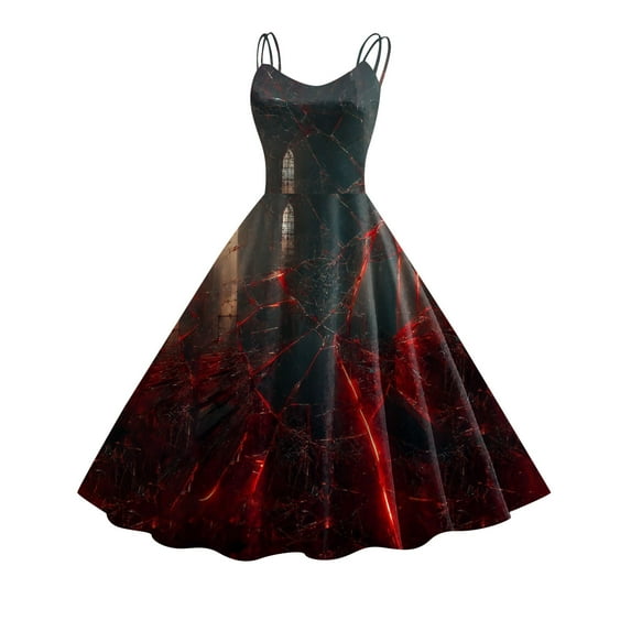 Women Vintage Halloween Print Sleeveless 1950s Evening Swing Party Prom Dress