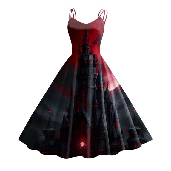 Women Vintage Halloween Print Sleeveless 1950s Evening Swing Party Prom Dress