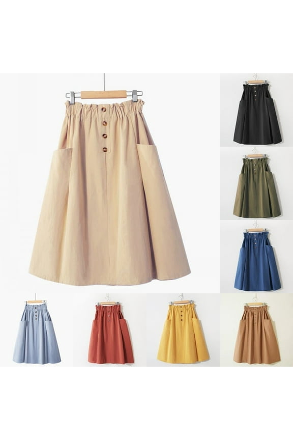 Women Vintage High Waist A-Line Midi Skirt Solid Button Skirts with Pockets, Fits US 2-6