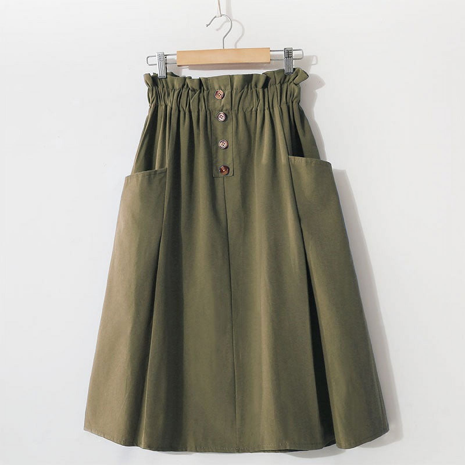 Women Vintage High Waist A-Line Midi Skirt Solid Button Skirts with ...