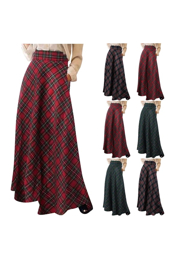 Women Vintage High-Waisted A-Line Maxi Plaid Skirt Multi-color Casual Circle Skirt for Work/Party/Vacation, Size S-5XL