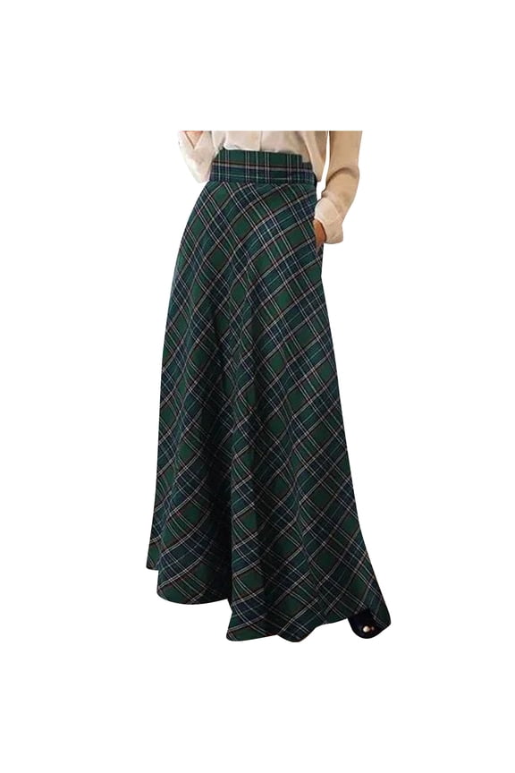 Women Vintage High-Waisted A-Line Maxi Plaid Skirt Multi-color Casual Circle Skirt for Work/Party/Vacation, Size S-5XL