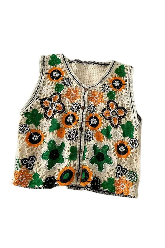 Women Vintage Hollow Crochet Knit Vest Waistcoat Ethnic Beaded Embroidery Colorful Floral Sleeveless Crop Cardigan Jacket V-Neck Button Shirts Top Beachwear