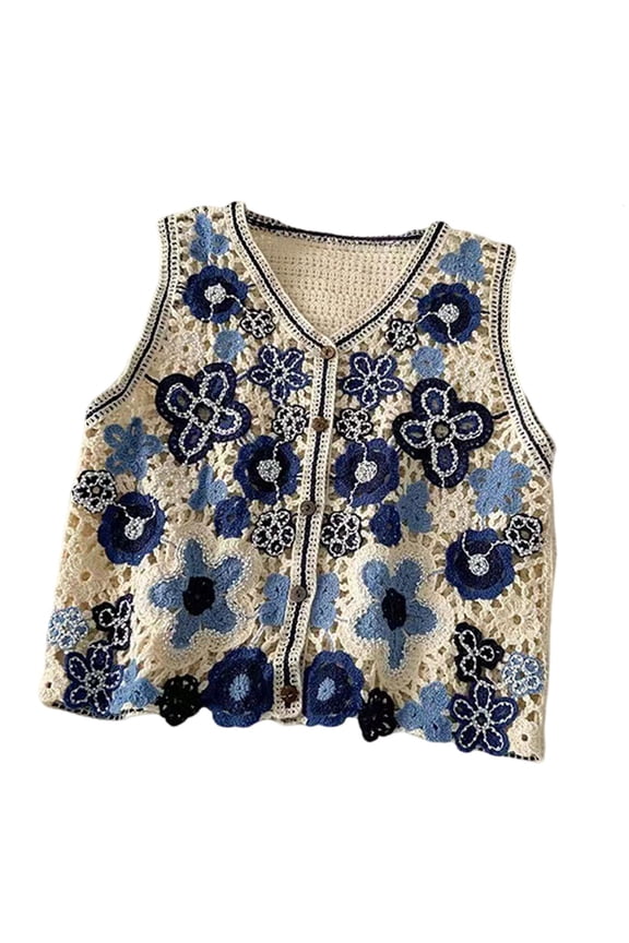 Women Vintage Hollow Crochet Knit Vest Waistcoat Ethnic Beaded Embroidery Colorful Floral Sleeveless Crop Cardigan for V-Neck Button Shirts Top Beachwear