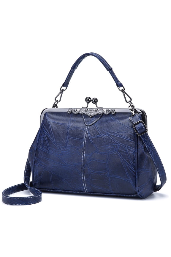 Women Vintage Hollow Handbag Oil Leather Shoulder Crossbody Bag Clutch Satchel Purse with Kiss Lock Closure