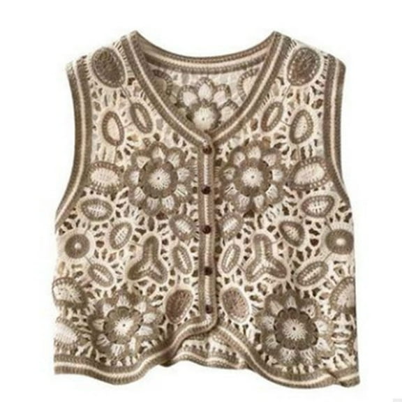Women Vintage Hollow Out Crochet Crop Top Vest Embroidery Floral Sleeveless Jacket Cardigan Button Down Boho Hippie Casual Waistcoat