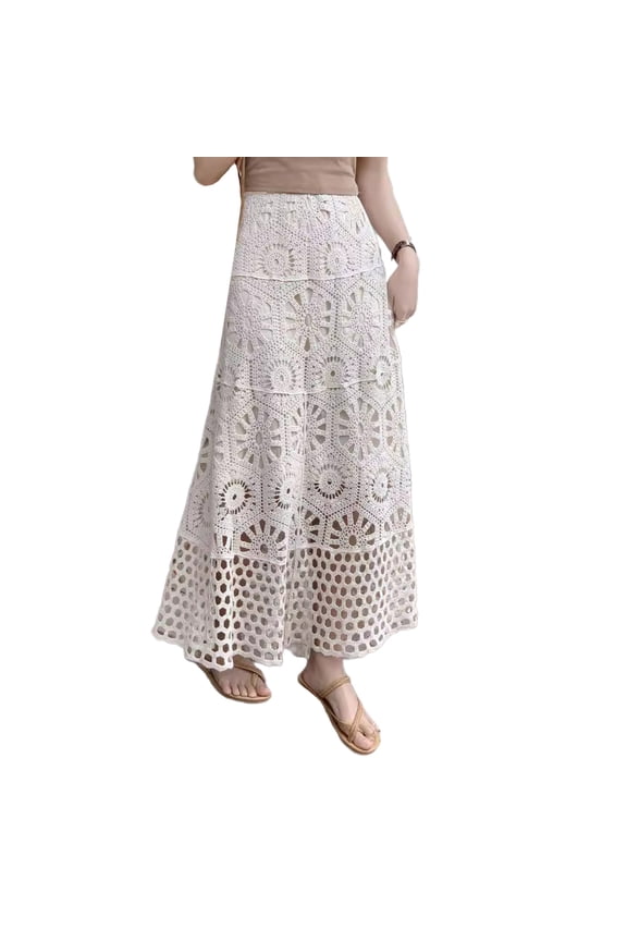 Women Vintage Hollow Out Crochet Knit Flower A Line Skirt Elastic High Waist Embroidery Beach Vacation Long Skirt