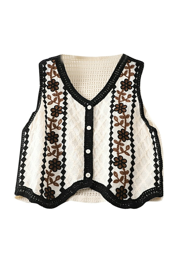 Women Vintage Hollow-Out Crochet Knit Sleeveless Vest Waistcoat Button Up Diamond Plaid Floral Loose Crop Cardigan Top