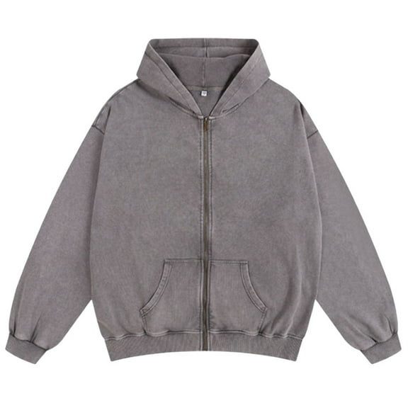 Women Vintage Hoodie Zip Up Acid Wash Hooded Sweatshirt Unisex Streetwear Jackets