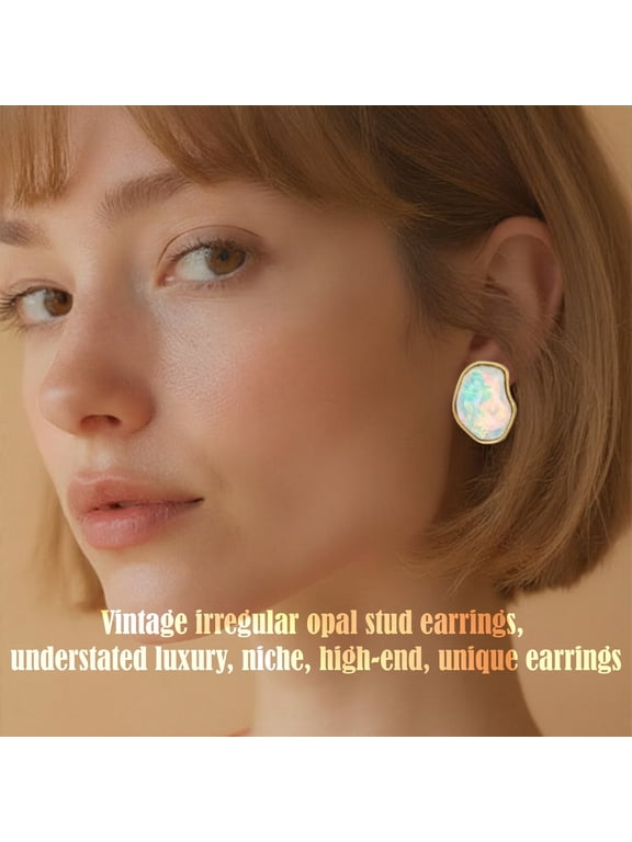 Women Vintage Irregular Simulated Opal Stud Earrings, Gold Electroplated Copper Base Bezel Set Rainbow Fire Opal Statement Earrings, Retro Luxury Fashion Jewelry Gift for Wedding Daily Party