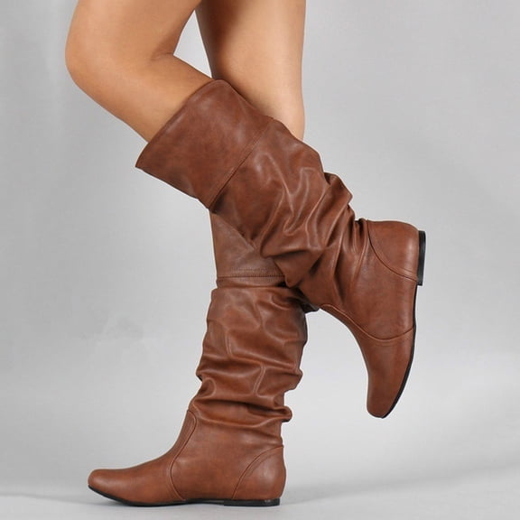 Women Vintage Knee High Boots Winter Fashion Round Toe Pleated Slip on Slouchy Boot Outdoor Comfy Flat Boots