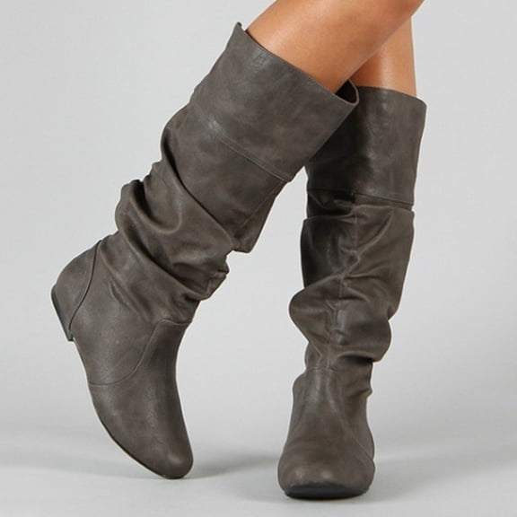 Women Vintage Knee High Boots Winter Fashion Round Toe Pleated Slip on Slouchy Boot Outdoor Comfy Flat Boots