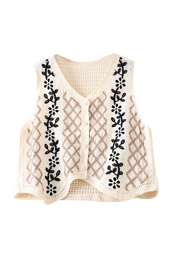 Women Vintage Knit Crochet V-Neck Waistcoat Cropped Cardigan Embroidery Floral Sleeveless Sweater Vest Top
