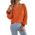 thumbnail image 1 of Women Vintage Knit V-Neck Hollow Contrast Stripe Lantern Long Sleeve Loose Knit Pullover Sweater Orange XL, 1 of 10