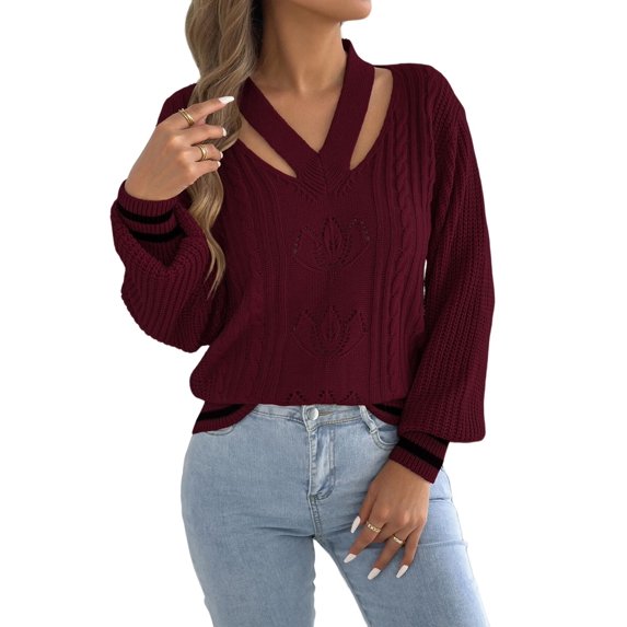 Women Vintage Knit V-Neck Hollow Contrast Stripe Lantern Long Sleeve Loose Knit Pullover Sweater Wine Red S