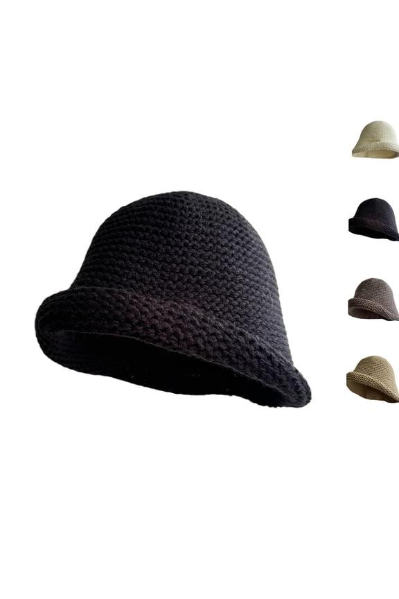 Women Vintage Knitted Bowler Bucket Hats Soft Round Brim Cloche Hat Winter Warm Crochet Cap Black One Size