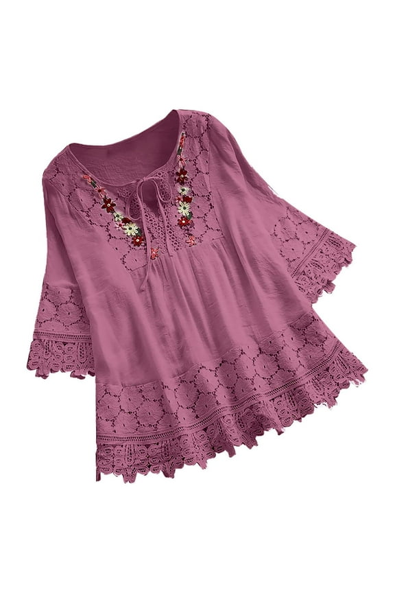 Women Vintage Lace Patchwork Bow V-Neck Three Quarter Blouses Top T-Shirt Bohemian Peasant Style Tunics Blouses
