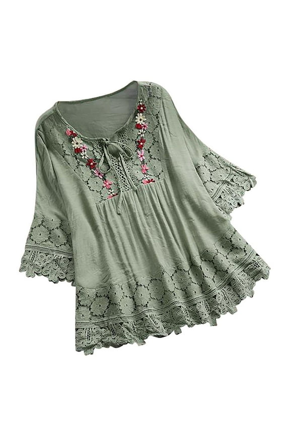 Women Vintage Lace Patchwork Bow V-Neck Three Quarter Blouses Top T-Shirt Bohemian Peasant Style Tunics Blouses