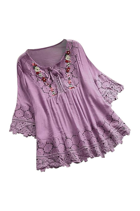 Women Vintage Lace Patchwork Bow V-Neck Three Quarter Blouses Top T-Shirt Bohemian Peasant Style Tunics Blouses