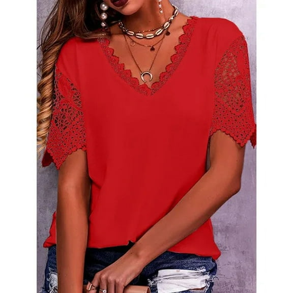 New Women Vintage Lace Trendy T Shirts Casual Elegant Chic Oversized Blouses Tees Solid Color Tops