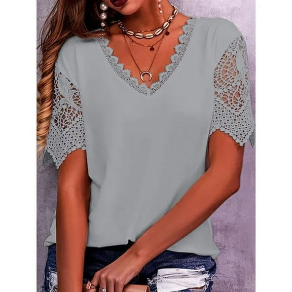New Women Vintage Lace Trendy T Shirts Casual Elegant Chic Oversized Blouses Tees Solid Color Tops