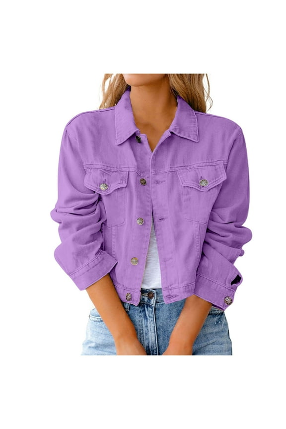 Women Vintage Lapel Button Down Distressed Crop Denim Jean Jacket Color:Purple Size:M