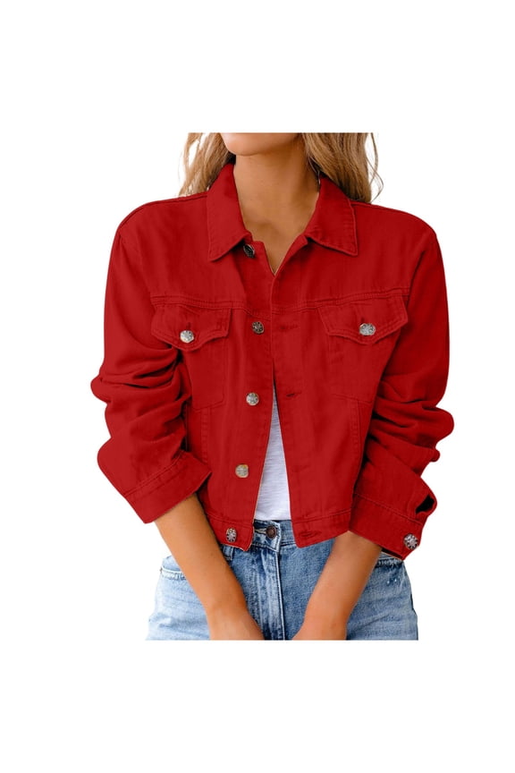 Women Vintage Lapel Button Down Distressed Crop Denim Jean Jacket Color:Red Size:L
