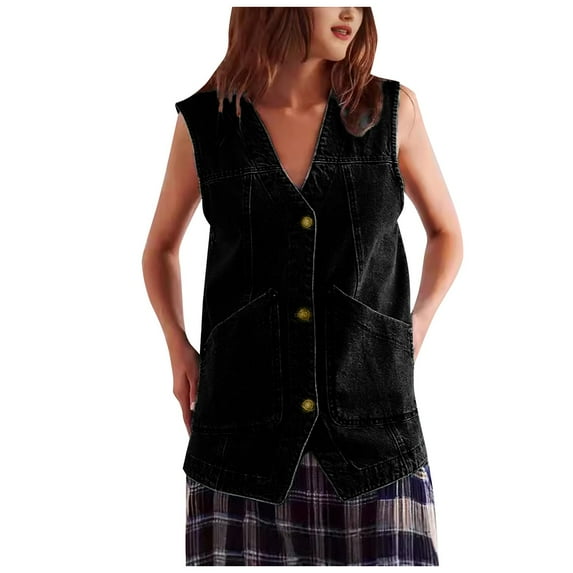 Women Vintage Long Denim Vest Casual Sleeveless Button Down Ovesized Jean Jacket Retro Denim Outerwear