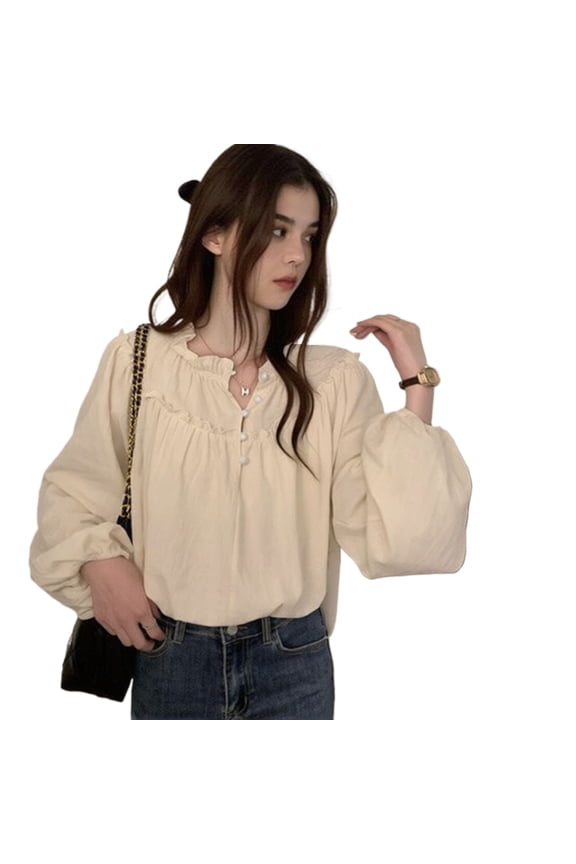 Women Vintage Long Sleeve Blouse Wooden Ear Edge Round Neck Puffed Sleeve Loose Version