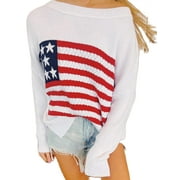 SUNSIOM Women Vintage Long Sleeve Crew Neck American Flag Sweater Christmas Loose Knit Pullover Sweatshirt Tops