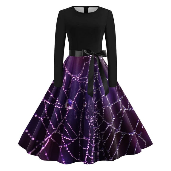 Women Vintage Long Sleeve O Neck Witch Dress Halloween 1950s Evening Party Prom Party Beach Dress