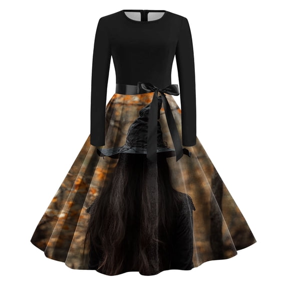 Women Vintage Long Sleeve O Neck Witch Dress Halloween 1950s Evening Party Prom Party Beach Dress