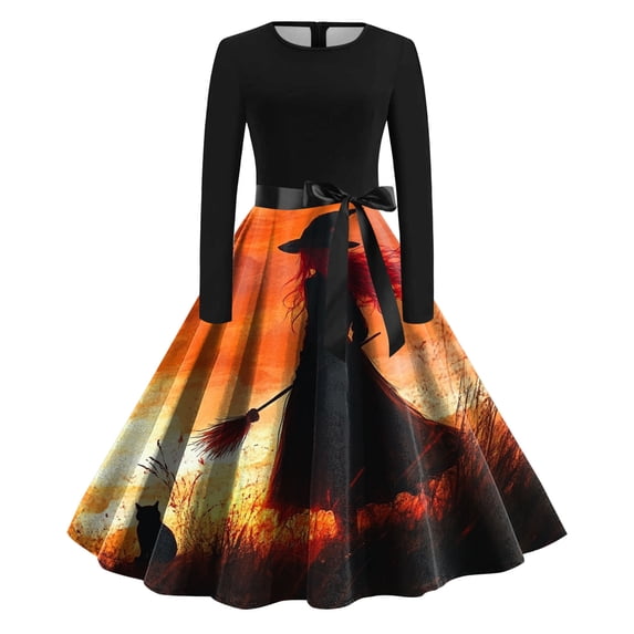 Women Vintage Long Sleeve O Neck Witch Dress Halloween 1950s Evening Party Prom Party Beach Dress