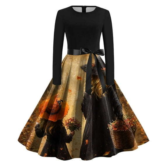 Women Vintage Long Sleeve O Neck Witch Dress Halloween 1950s Evening Party Prom Party Beach Dress