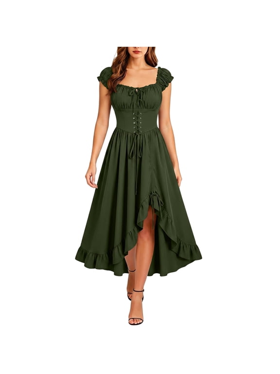Women Vintage Medieval Costume Dress Ruffle Cap Sleeve Layered Lace up Waist Flowy Irregular Midi Dress